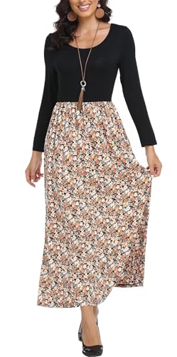 Women's Long Sleeves Maxi Dress Plain Empire Waist Casual Dress Loose Fall/Winter Dresses with Pockets