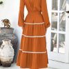 Womens Casual Dresses Loose Belted Long Lantern Sleeve Tiered Button Down Maxi Shirt Dress with Pockets