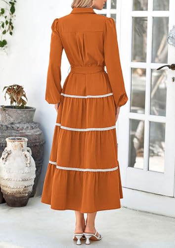 Womens Casual Dresses Loose Belted Long Lantern Sleeve Tiered Button Down Maxi Shirt Dress with Pockets