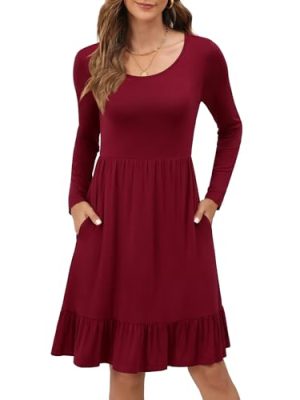 Women Casual Long Sleeve Knee Length Dresses Round Neck Pleated Fall Dress with Pockets 2024