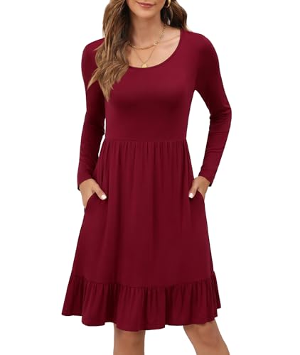 Women Casual Long Sleeve Knee Length Dresses Round Neck Pleated Fall Dress with Pockets 2024