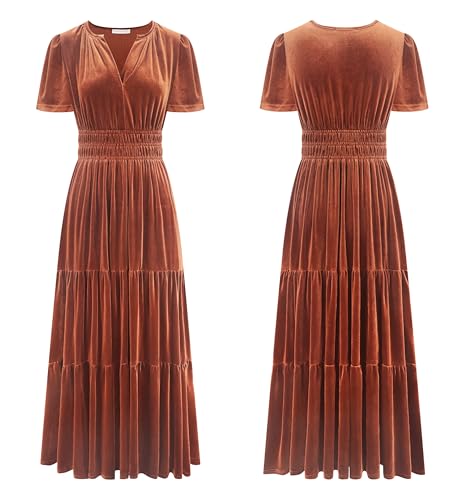Women's Fall Winter Vintage Velvet Dress Short Sleeve V Neck Elastic Waist Tiered Ruffle A-Line Flowy Maxi Dress