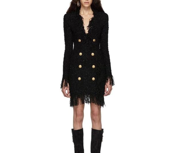 Women's Tassel Shift Dress – V-Neck Metallic Button, Black White Event Gown