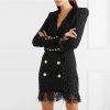 Women's Tassel Shift Dress – V-Neck Metallic Button, Black White Event Gown