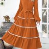 Womens Casual Dresses Loose Belted Long Lantern Sleeve Tiered Button Down Maxi Shirt Dress with Pockets
