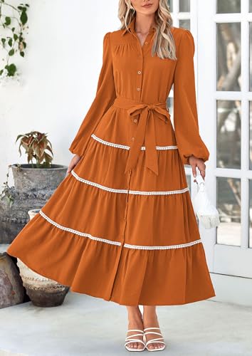 Womens Casual Dresses Loose Belted Long Lantern Sleeve Tiered Button Down Maxi Shirt Dress with Pockets