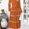 Womens Casual Dresses Loose Belted Long Lantern Sleeve Tiered Button Down Maxi Shirt Dress with Pockets