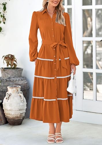 Womens Casual Dresses Loose Belted Long Lantern Sleeve Tiered Button Down Maxi Shirt Dress with Pockets