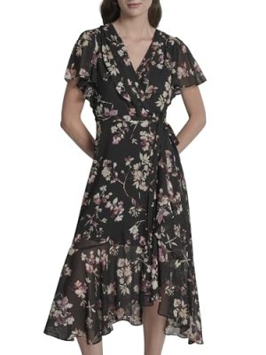 Women's Cap Sleeve Surplice Neck Side Tie Faux Wrap Midi Dress