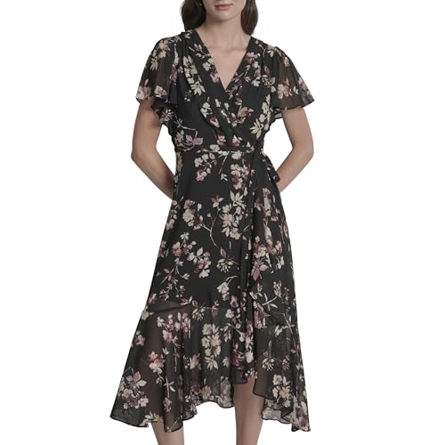 Women's Cap Sleeve Surplice Neck Side Tie Faux Wrap Midi Dress