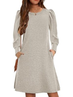 Girls Fall Knit Dress Crew Neck Puff Long Sleeve Casual Tunic Dresses with Pockets 6-12 Y