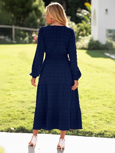 Womens Long Sleeve Fall Long Dress Swiss Dot Maxi Wedding Guset Dress Boho V Neck Casual Dress with Pockets