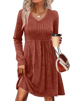 Womens V Neck Long Sleeve Fall Dresses Baby Doll Casual Sweater Dress Fashion Clothes