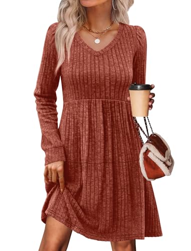 Womens V Neck Long Sleeve Fall Dresses Baby Doll Casual Sweater Dress Fashion Clothes