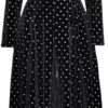 Women’s Velour Dress Stand Collar Long Sleeve Solid Color Lace-Up Dot Patchwork