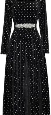 Women’s Velour Dress Stand Collar Long Sleeve Solid Color Lace-Up Dot Patchwork