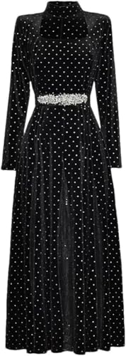 Women’s Velour Dress Stand Collar Long Sleeve Solid Color Lace-Up Dot Patchwork