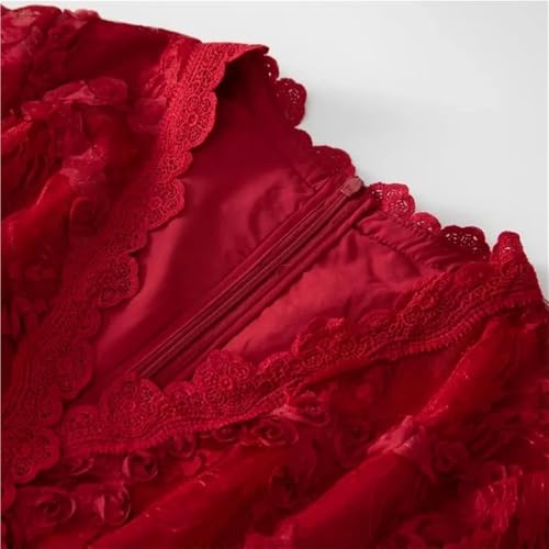 Women Long Solid Party Dress V-Neck Long Sleeve Mesh Dress Embroidery Elastic-Waist Dresses