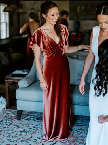 Flutter Sleeve Velvet Bridesmaids Dresses V Neck Women Wedding Long Bridesmaid Dresses for Fall