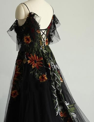 Floral Embroidery Wedding Dress for Bride A Line Long Tulle Boho Could Shoulder Sleeves Outdoor Country Gowns