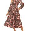 Women Floral Maxi Dress,2025 Fall Long Sleeve Casual Dresses,V Neck Boho Flowy Elegant Dress with Pockets