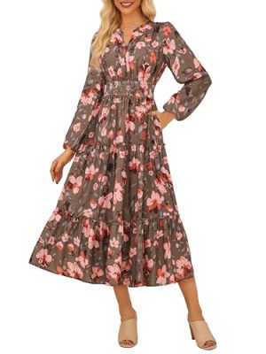 Women Floral Maxi Dress,2025 Fall Long Sleeve Casual Dresses,V Neck Boho Flowy Elegant Dress with Pockets