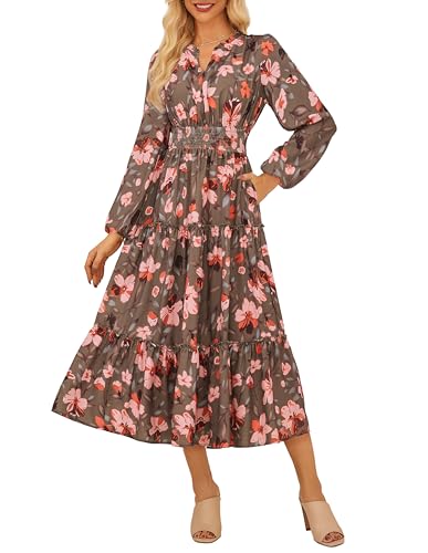 Women Floral Maxi Dress,2025 Fall Long Sleeve Casual Dresses,V Neck Boho Flowy Elegant Dress with Pockets