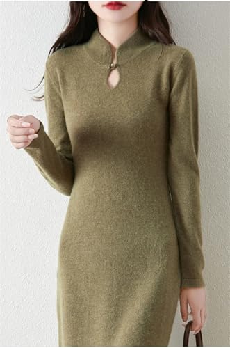 Women's Wool Button Stand Up Collar Split Knitted Bag Hip Dress for Fall Winter