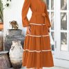 Womens Casual Dresses Loose Belted Long Lantern Sleeve Tiered Button Down Maxi Shirt Dress with Pockets