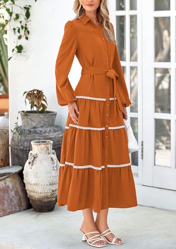 Womens Casual Dresses Loose Belted Long Lantern Sleeve Tiered Button Down Maxi Shirt Dress with Pockets