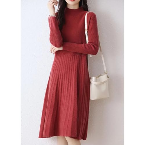 Womens Fashion Half High Collar Pure Wool Slim Fit Solid Color Bottom Fashion A Line Knitted Dress