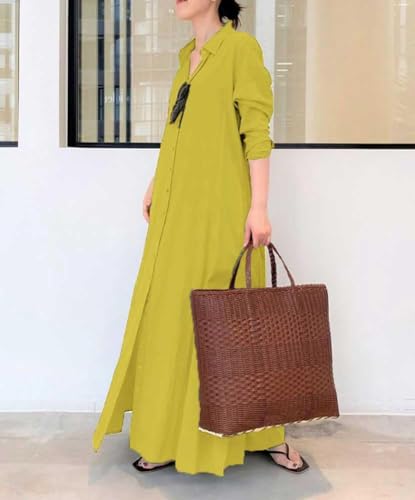 Women's Basic Loose Fit Long Sleeve Button Up Maxi Shirt Dress with Pockets