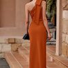 Women's Summer One Shoulder Long Formal Dresses Sleeveless Ruched Bodycon Wedding Guest Slit Maxi Dress