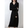 Women's Cashmere V-Neck Long Sleeve Thick Knitted Dress Merino Wool A-Line Dress for Winter