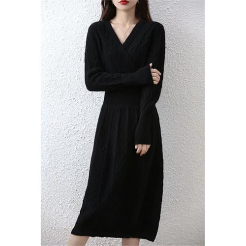 Women's Cashmere V-Neck Long Sleeve Thick Knitted Dress Merino Wool A-Line Dress for Winter