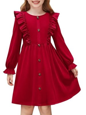 Toddler Fall Winter Sweater Dress Ruffle Long Sleeve Ribbed Knit Button Down Casual Dresses with Pockets