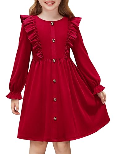 Toddler Fall Winter Sweater Dress Ruffle Long Sleeve Ribbed Knit Button Down Casual Dresses with Pockets