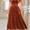 Women's Fall Winter Vintage Velvet Dress Short Sleeve V Neck Elastic Waist Tiered Ruffle A-Line Flowy Maxi Dress