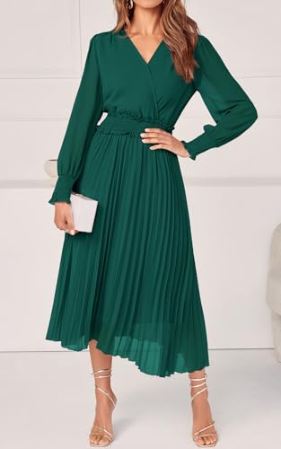 Womens Wrap V Neck Fall Dresses Wedding Guest Casual Pleated Long Sleeve Midi Dress Ruffle Smocked Long Dress