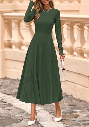 Fall Dresses for Women 2025 Long Sleeve Work Casual A Line Pleated Cocktail Church Midi Winter Sweater Dress