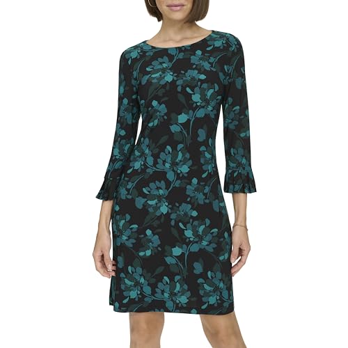 Women's 3/4 Sleeve Pleated Cuffs Shift Dress
