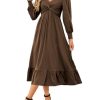 Womens 2024 Wrap V-Neck Twist Knot Long Sleeve Empire Waist Midi Maxi Dress A-Line Ruched Flowy Dress with Pockets