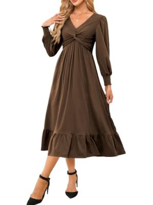 Womens 2024 Wrap V-Neck Twist Knot Long Sleeve Empire Waist Midi Maxi Dress A-Line Ruched Flowy Dress with Pockets