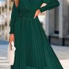 Womens Wrap V Neck Fall Dresses Wedding Guest Casual Pleated Long Sleeve Midi Dress Ruffle Smocked Long Dress