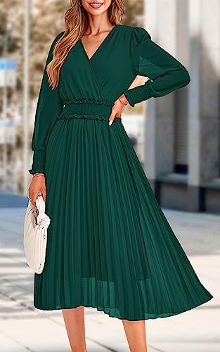 Womens Wrap V Neck Fall Dresses Wedding Guest Casual Pleated Long Sleeve Midi Dress Ruffle Smocked Long Dress