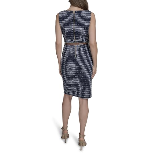 Womens Sleeveless Belted Stretch Tweed Dress