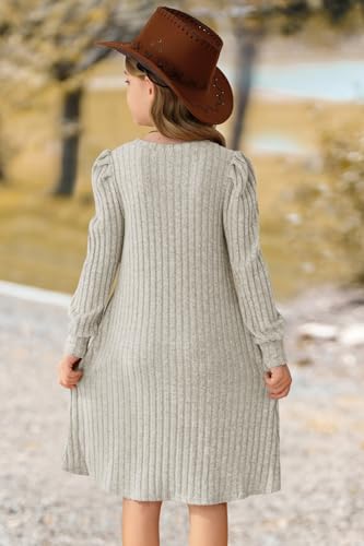 Girls Fall Knit Dress Crew Neck Puff Long Sleeve Casual Tunic Dresses with Pockets 6-12 Y