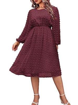 Women's Plus Size Swiss Dot Long Sleeve Chiffon Dress Flowy High Waist A Line Ruffle Babydoll Midi Dresses 16W-24W