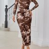 Women's Floral Print Bodycon Ruched Dress Fall Long Sleeve Maxi Wedding Guest Dresses with Side Slit
