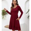 Women Casual Long Sleeve Knee Length Dresses Round Neck Pleated Fall Dress with Pockets 2024